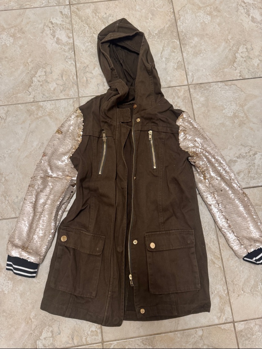 Brown Hooded Parka with Champagne Sequin Sleeves